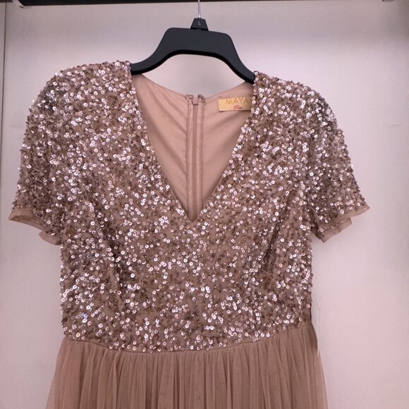 Maya Deluxe Formal Taupe Blush V Neckline Embellished Maxi Dress NWT - Picture 3 of 14